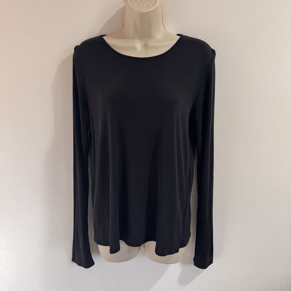 Eileen Fisher Shirt M 100% Silk Black Long Sleeve Crewneck Chic Layer Basic